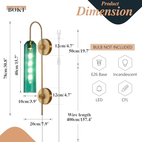 Image of BOKT Modern Gold Plug in Wall Sconce Green Glass Bedside Wall Light Fixtures Plug in Cord Mid Century Long Metal Wall Sconce Single Bathroom Bar Wall Lamp (Green)