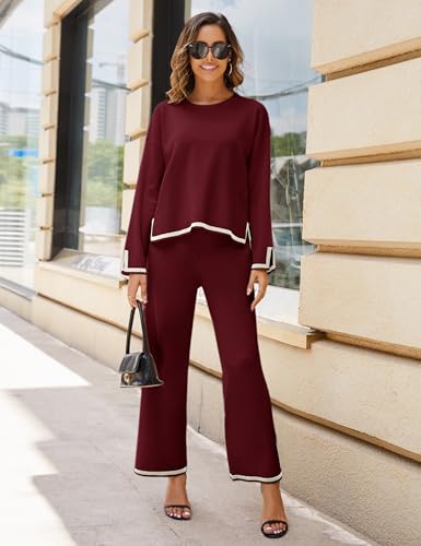 Image of Tanming Women's 2 Piece Outfits Long Sleeve Knit Sweater Top Wide Leg Pants Lounge Sets Tracksuits