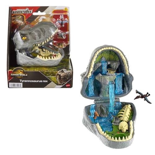 ​Mattel Jurassic World La Rinascita Micro Avventure, Playset Con Testa Di T-Rex Che Si Apre Con 4 Funzionalità Interattive, 3 Micro Personaggi, T-Rex 