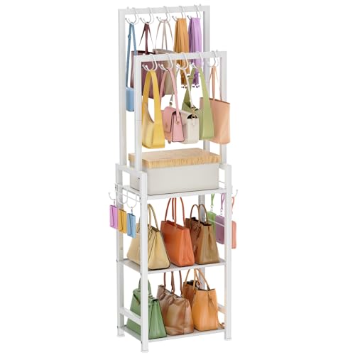 Tall Purse Organizer for Closet with 10 Purse Hanger & 6 Side Hooks,Floor-Standing Purse Rack Stand for Purse Storage,Narrow & High-Capacity Handbag Organizer,Multi-Purpose Purse Shelf for Small Place
