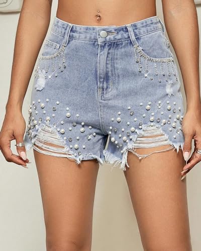 LifeShe Women\'s Rhinestone Pearl Beaded Denim Shorts Summer High Waist Frayed Raw Hem Jeans Shorts - Thumbnail 5