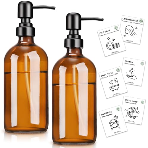 Euqvunn 2 Pack Dispensador Jabon Vidrio Ámbar, 500ml Dispensador Jabon Baño, 6 Etiquetas Impermeables Botella Dispensadora con Bomba