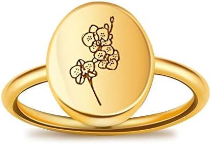 LUIWIN Birth Flower Signet Ring 18K Gold Plated Stacking Oval Orchid Floral Ring Dainty Custom Engraved Minimalist Month Wildflower Ring Jewelry for Mom Women Girls Bridesmaid