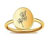 LUIWIN Birth Flower Signet Ring 18K Gold Plated Stacking Oval Orchid Floral Ring Dainty Custom Engra
