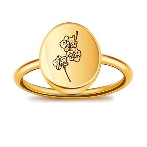 Luiwin Birth Flower Signet Ring 18K Gold Plated Stacking Oval Orchid Floral Ring Dainty Custom Engraved Minimalist Month Wildflower Ring Jewelry For Mom Women Girls Bridesmaid #TOP17