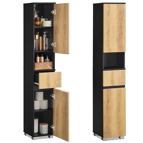 VASAGLE Armoire de Salle de Bain, Meuble de Rangement, Colonne, avec Tiroir, Étagères Réglables, Compartiments, 30 x 30 x 170,2 cm, Noir d'encre et Marron...