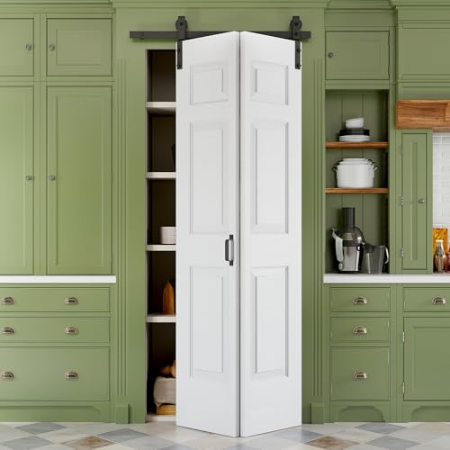 36' x 84' Paintable Bifold Barn Door, No Assembly Required, 6 Panels Bi Fold Barn Door with Hardware Kit Included, 40' Track Kit for 2 Doors, Pre-Drilled Holes