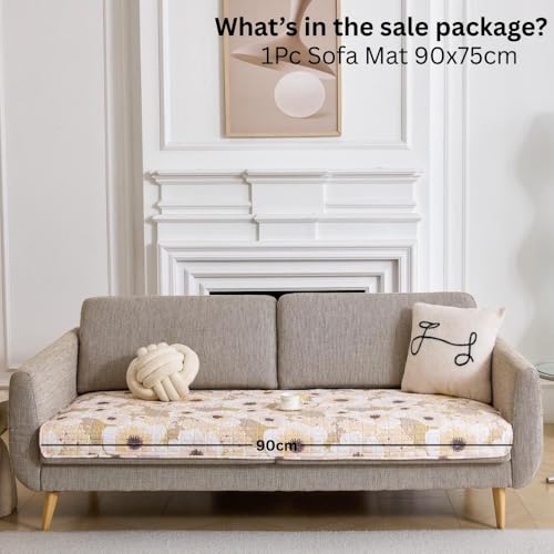 Image of HOMETHREADS Anti-Skid Sofa Protector Mat: Premium Printed Cotton Slipcover with Strong PVC Non-Slip Backing, (White Yellow, 1 Seater Large| 90x75cm)