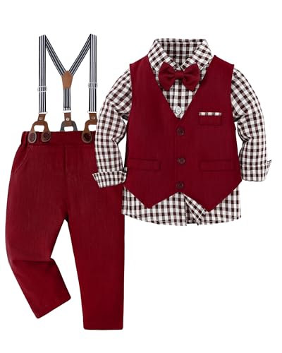 Image of ZOEREA Toddler Boy Suit Formal Wedding Outfits Gentleman Clothes Long Sleeve Shirt + Suspender Pants + Bowtie
