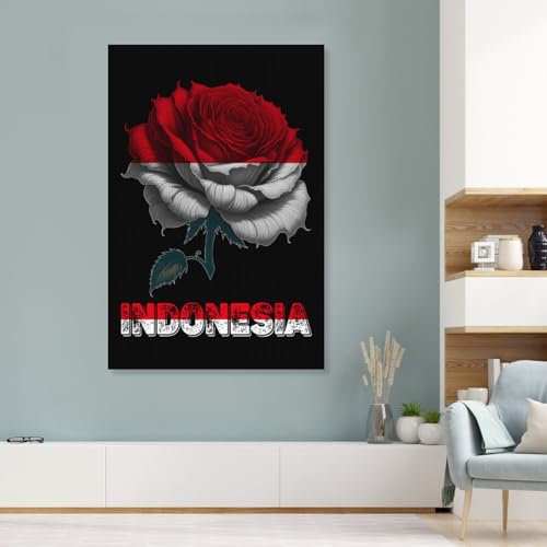 Vintage Indonesia Indonesian Flag Rose Flower Canvas Wall Art Prints Artwork Framed Painting Poster 8x12 inch Retro Picture Decorations Vertical for Home Kitchen Office Bedroom Living Room Bathroom Decor