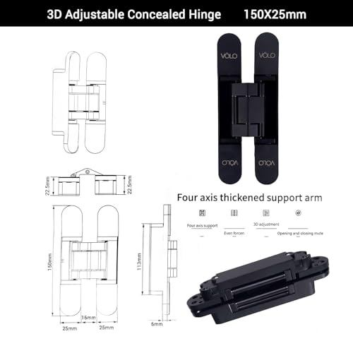 Image of VOLO Pack of 2 Pieces | Heavy Duty 3D Adjustable Concealed Door Hinges | Hidden Hinges for Wooden and Flush Doors, Smooth Alignment Control | Matt Black Finish | 6 Inch (150mm)