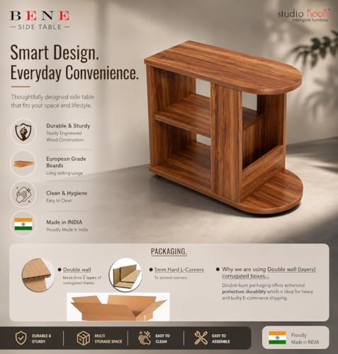 Image of Studio Kook Bene Engineered Wood Side Table | End Table with Storage, Matte Finish, DIY (DO IT Yourself) Assembly (Amber Walnut)