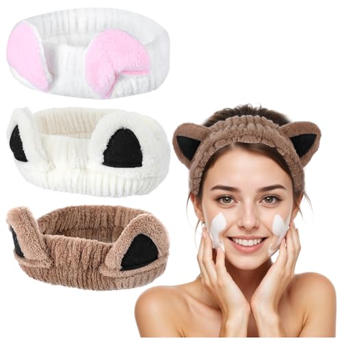 Classicseali 3 pièces Bandeau spa pour femmes, bandeau pour cheveux cosmétique, bandeaux à oreilles de chat, mignon bandeau à oreilles de chat pour...