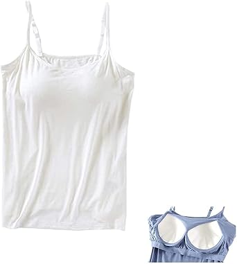 Tank with Built-in Bra,Womens Tank Tops Adjustable Strap Stretch Cotton Camisole Padded Shelf Bra. M, White