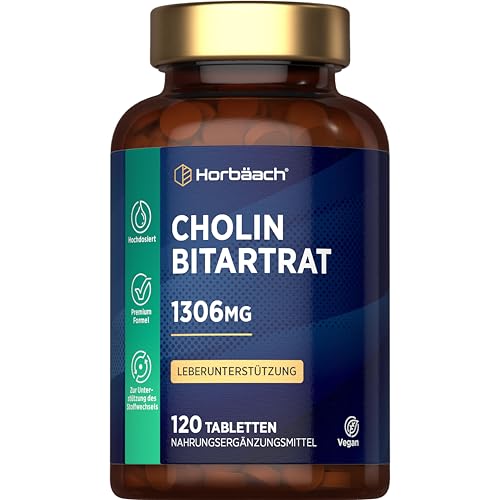 Cholin Hochdosiert 1305mg | 652mg pro Tablette | 120 Reines Cholin Bitartrat Tabletten | Leberfunktion | Vegane | Choline Bitartrate | von Horbaach