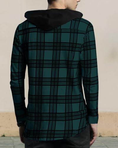 Image of Noble Monk Men's Cotton Blend Hooded Neck Full Sleeve Shirt | Regular Fit | Checkered Pattern | Casual Shirt