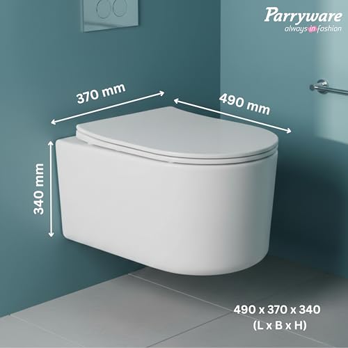 Image of Parryware CONFIDENT Ceramic Wall Hung Western Commode for Bathroom | Rimless Washdown Flush Commode with UF Soft Closing Toilet Seat | Elongated Wall Mount Ewc | Space Saving | C890U
