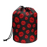 Poceacles Red Lips Pattern Drawstring Cosmetic Bag for Women, Portable Travel Cosmetic Pouch, Multifunctional Barrel Toiletry Bag Organizer Storage Bag, Black