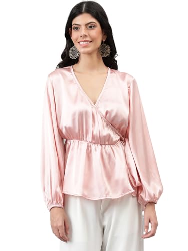 Image of KOTTY Womens Satin Full Sleeves Solid Regular Fit Top