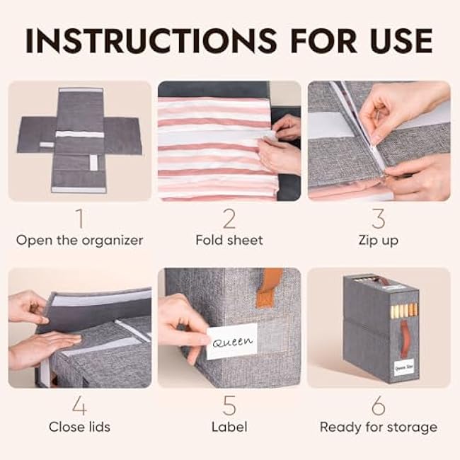 4 Pack Bed Sheet Organizers and Storage(King &Queen Size) with an Elastic Strap, Foldable Closet Linen Sheet Storage Container, Sheet Set Box for Blankets, Duvet Covers and Pillowcase, Grey