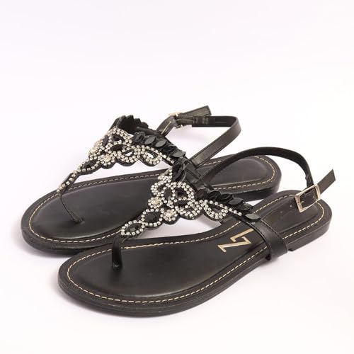 SANDALS FLAT WITH BLACK STRASS JEWELRY CRYSTALS SOLADO TR2
