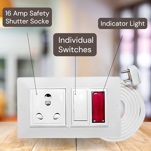 Image of ELEGANT CASA 16 Amp Electric Extension Board with Cord 1 Socket with Safety Shutter, Switch, and Indicator Light for Small and Medium Appliances with 16 Amp Plug Top 3 Core 2.5 mm, 5 Meter Copper Wire