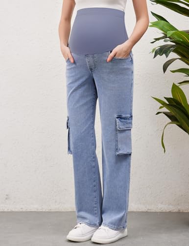 Image of PACBREEZE Women's Maternity Jeans Cargo Straight Leg Relaxed Jeans Over Belly Comfy Denim Pregnancy Pants, S-XXL (Light Blue, Small)