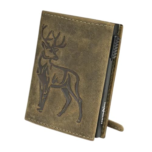 Image of The X Project Staggo Trifold Wallet | Genuine Leather | Aluminium Cardholder | Side Slide Pop-Up Card Ejector | Carry Up to 6 Cards and 1 Slot for Carrying Cash & Folded Bills (Greenish Brown)
