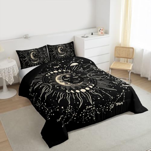 Image of Feelyou Sun and Moon Printed Comforter Set Boho Exotic Decor Bedding Set for Kids Boys Girls Galaxy Astrology Comforter Bohemian Gray Black Soft Quilt Set with 2 Pillowcases 3Pcs Bedding King