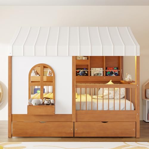 Image of Full Size House Bed with 2 Large Drawers & LED Strip Walnut-T | Side Bookshelf, Cozy Reading Nook & Playhouse for Boys & Girls Bedroom