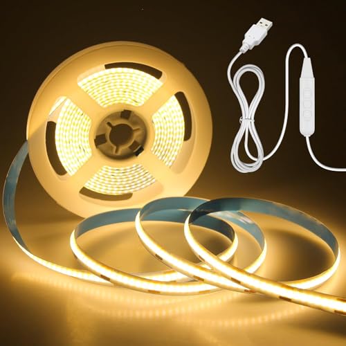 ALITOVE 5V USB 給電COBラインテープ USB ledテープ 5V 3M 960Leds 調光可能 電球色 フレキシブル 高密度 LEDテープライトCRI85+ COB LEDストリップライト 切断可能 取付簡単 非防水 イルミネーションライト 店舗 室内 ホーム装飾用 DIY(電球色 3M)