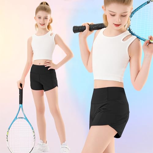 RISSCAN Girls Athletic Running Shorts Teen Girls with Back Zip Pocket Workout Quick Dry Lightweight Active Short for Kids(Black, L)3