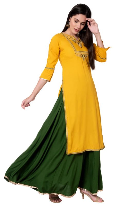 Image of NYPA Women Embroidery Soild Cut Sleeves Kurta And Soild Skirt Set