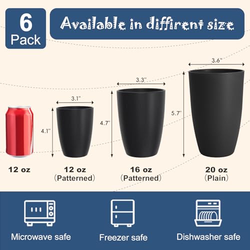 Image of Plastic Black Drinking Cups Set of 6, 12 OZ Reusable Cups for Kids | Unbreakable and Stackable Wheat Straw Cups for Family Drinks, Kitchen, Picnic, Camping
