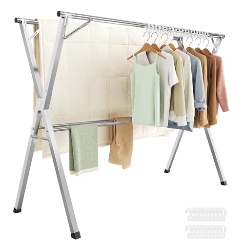SONGMICS Clothes Drying Rack, Heavy-Duty Laundry Drying Rack, 45.7-63.4 Inches Extendable, Foldable Freestanding Airer, Stainless Steel, for Indoor Outdoor Use, Dove Gray ULLR901E01 (45.7"-6