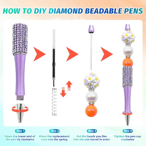 Image of 150 Pcs DIY Diamond Beadable Pen Kit - 50 Plastic Rhinestone Beaded Pens Bulk with Refills & Bags - Fancy Cute Glitter Pens for Crafting, Students & Teachers - School Supplies (Purple)