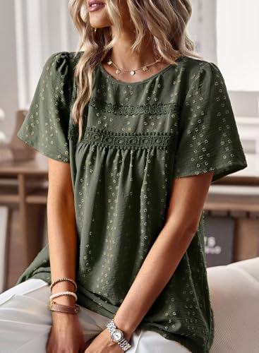 Image of Falechay Womens Summer Tops Crewneck Short Sleeve Shirts Casual Chiffon Blouses Flowy Lace Hem Boho Clothing Trendy 2026