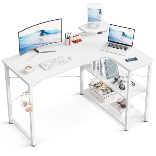 ゲーミングパソコン幅110l字机pcdesk棚付きオフィスワークデスク在宅勤務?子作業机L字型ゲームデスク組立簡単ホワイト右棚