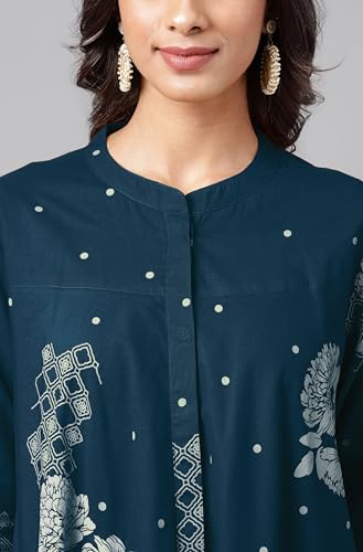 Image of Janasya Women's Pure Cotton Floral Printed Flared Tunic