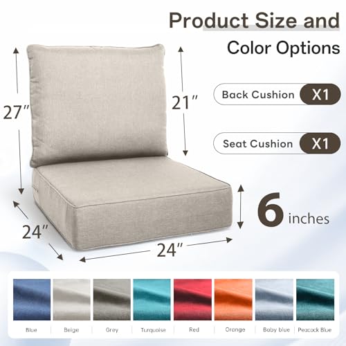 Image of Luxury 6 inch Thick Outdoor Cushion Set 7 - 24x24 Patio Furniture Cushions with 28D High-Density Foam, Water-Resistant & Fade-Resistant Fabric, Removable Covers for Patio Furniture Sofa Couch -Beige