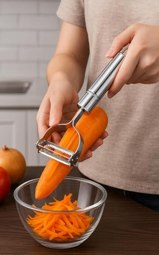Image of Stainless Steel Julienne Vegetable Peeler Multi-Functional Fruit & Veggie Shredder Slicer and Grater for Potatoes, Carrots, Cucumbers (Silver, 18 x 8.2 x 2.4 cm)
