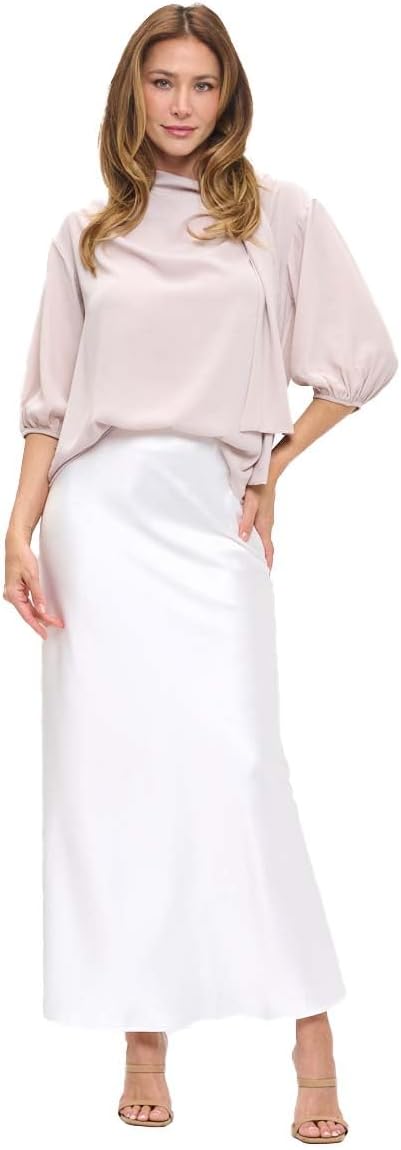 Women's Solid Satin High Waist Midi Long Skirt Hidden Elastic Waistband Skirt for Women-Made in USA - Image 3