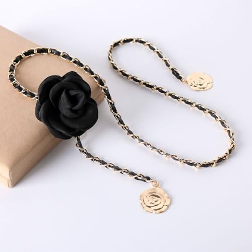 Camellia Waist Chain All-match Ladies Luxury Design Dress Belt Chain Waist Decoration Metal Chain Waistband(black)