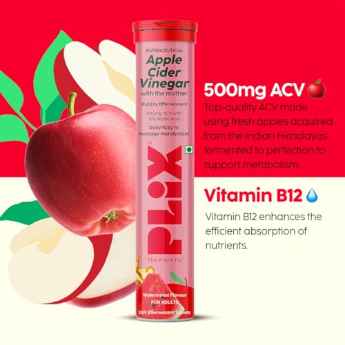 Image of THE PLANT FIX Apple Cider Vinegar Effervescent Tablet with mother | Supports Metabolism & Appetite Control I With 500mg ACV, Vit B6 & B12 I No Maltodextrin, No Added Sugar I Pack of 1 (15 tablets)