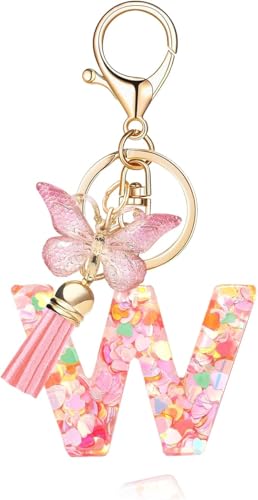 Image of GEOCARTER Lightweight Fashion Initial Letter Key Ring with Butterfly Pendant & Tassel, Stylish Purse Charm for Handbags, Car Keys, Gifts for Girls & Women