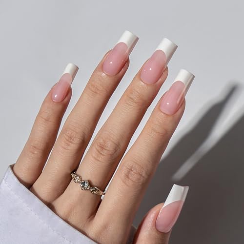 BTArtboxnails French Tip Press on Nails - XCOATTIPS White French Tip Nails, Pink Long Square Nail Tips, Soak Off Acrylic Fake Nails Extensions