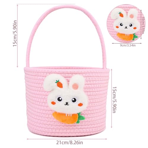 Image of DIYASY Easter Basket for Kids, Woven Bunny Eggs Basket with Handle Gifts Tote Bag Candies Buckets for Boys Girls Toddler Baby Party Decorations Pink