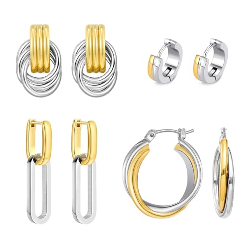 Two Tone Drop Dangle Earrings - Gold Silver Plated Hoop Huggie Earrings for Women - Trendy Jewelry