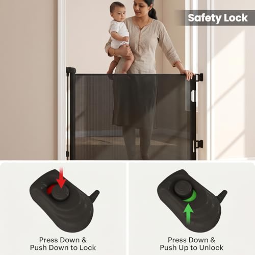 Image of A Baby Cherry - Baby Saftey Gate Retractable | Stairs & Pet Safety | Wide Mesh Gate 33 inch Tall | Expandable 55 inch | Indoor /Outdoor, Childproof Auto Lock (Black)