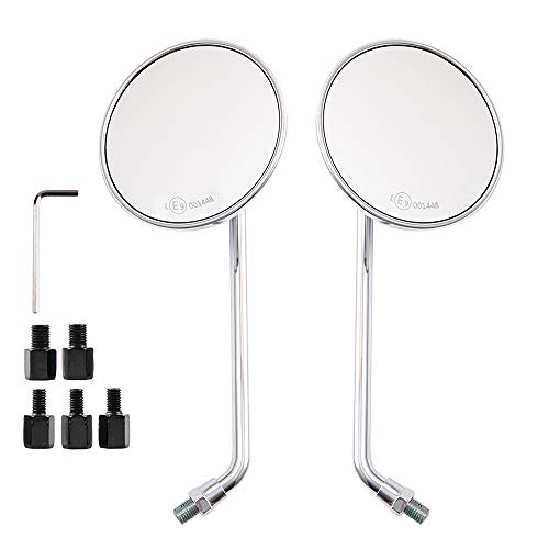 バイクミラー 汎用 丸型ミラー メッキミラー 左/右セット 8mm 10 mm 逆/正ネジ アダプター付き スパナ付き 大視野ミラー